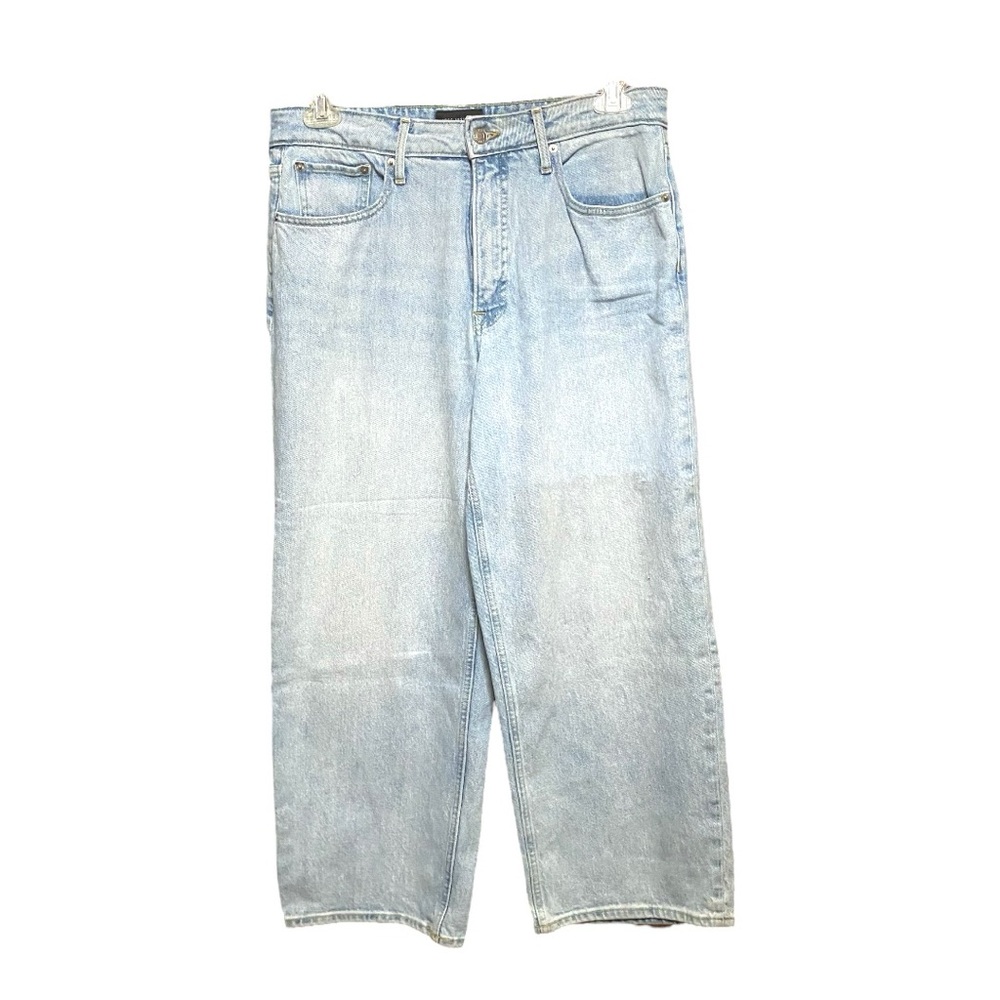Blue Relaxed Fit Jeans with Distressed Details Super High Crop Wide Straight 12